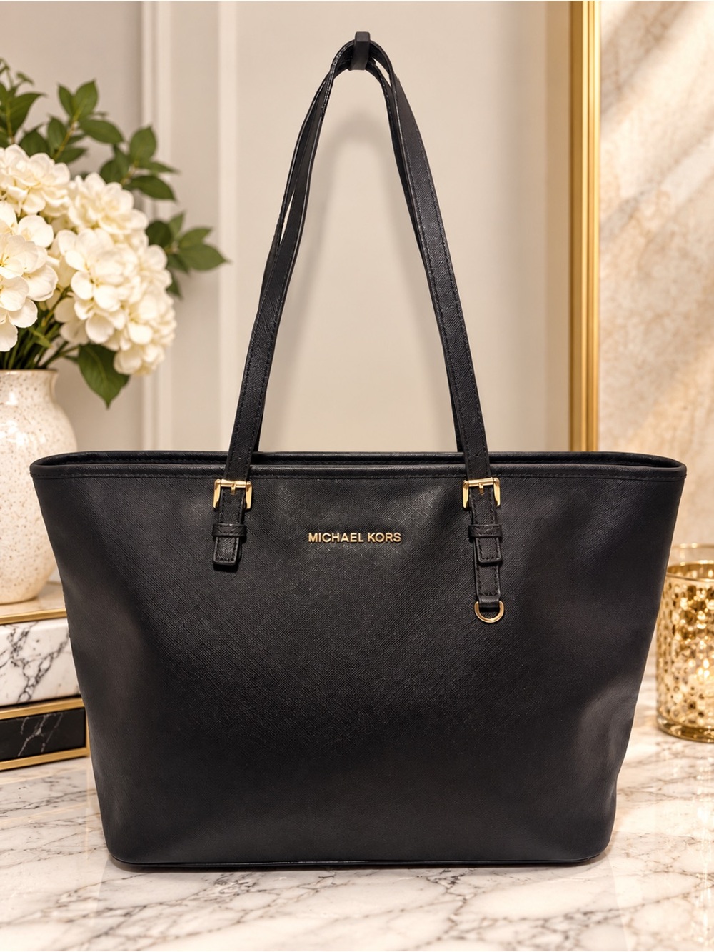 Michael Kors Black Leather Tote with Gold Hardware